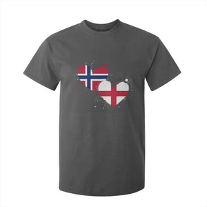 Distressed Norway and England Crossed Flags Dual Heart Graphic T Shirt For Kid Love Half Norwegian Half English Pride TS02 Dark Heather Print Your Wear