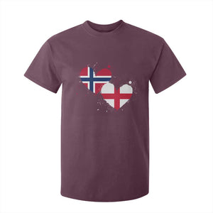 Distressed Norway and England Crossed Flags Dual Heart Graphic T Shirt For Kid Love Half Norwegian Half English Pride TS02 Maroon Print Your Wear