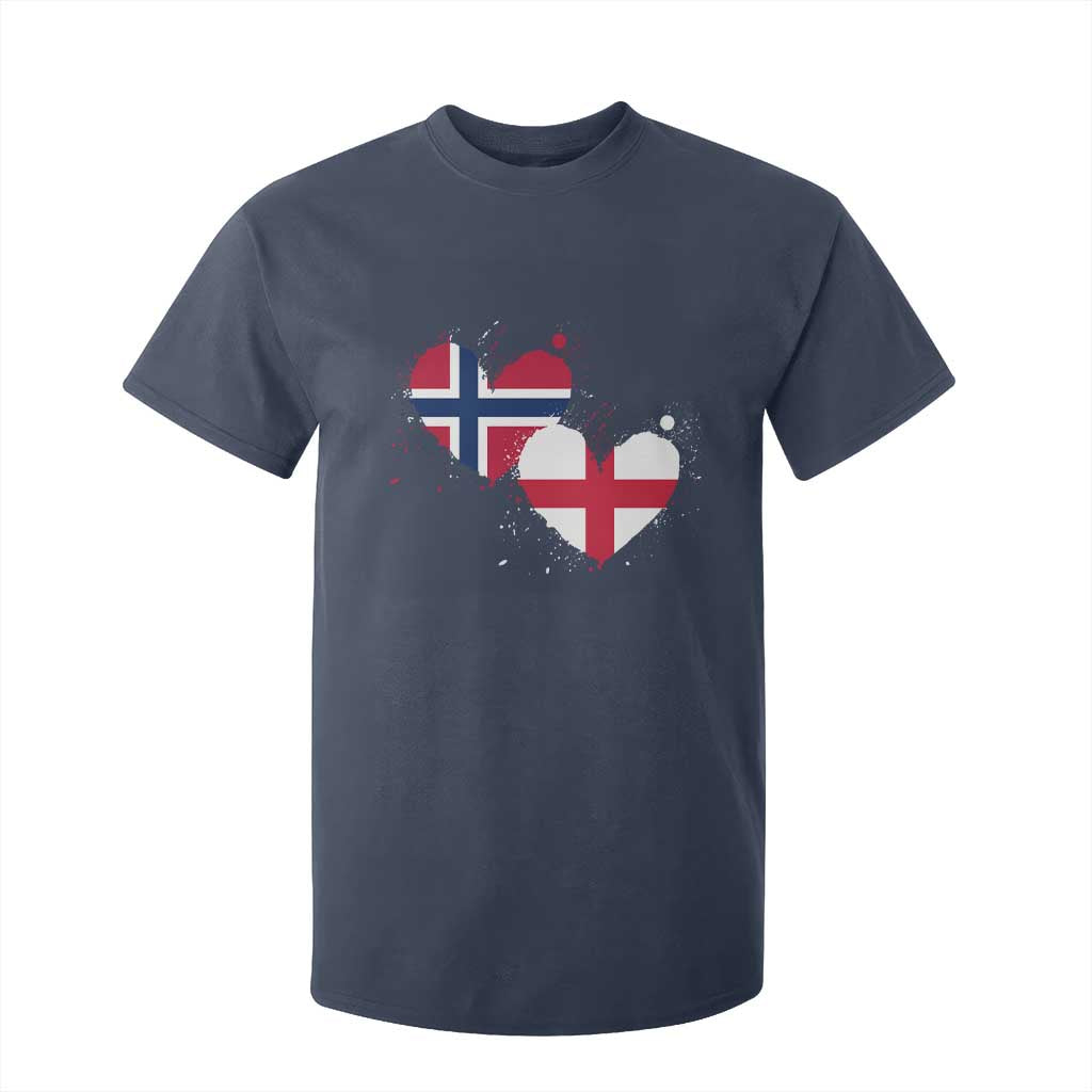 Distressed Norway and England Crossed Flags Dual Heart Graphic T Shirt For Kid Love Half Norwegian Half English Pride TS02 Navy Print Your Wear