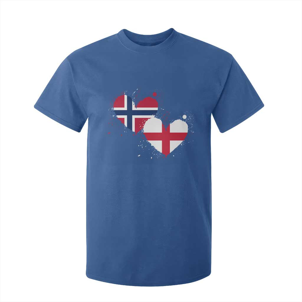 Distressed Norway and England Crossed Flags Dual Heart Graphic T Shirt For Kid Love Half Norwegian Half English Pride TS02 Royal Blue Print Your Wear