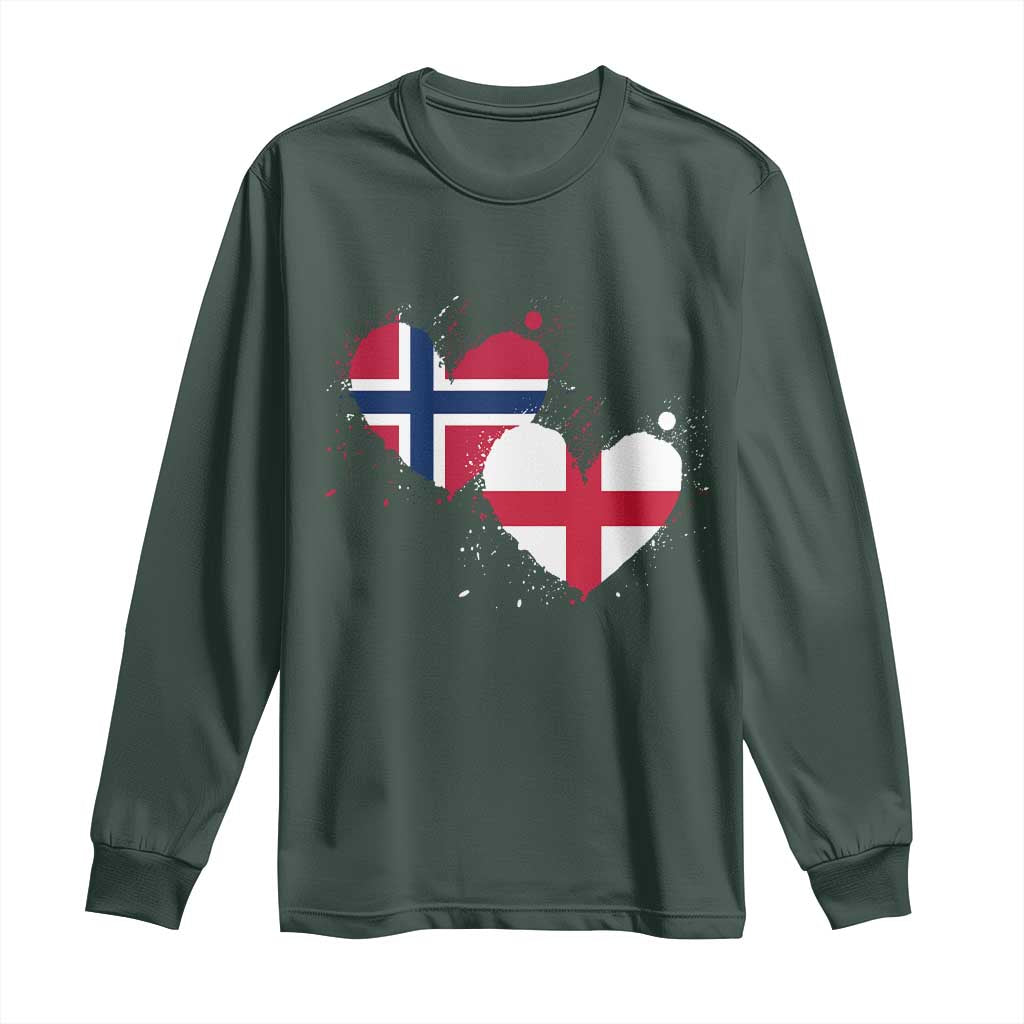 Distressed Norway and England Crossed Flags Dual Heart Graphic Long Sleeve Shirt Love Half Norwegian Half English Pride TS02 Dark Forest Green Print Your Wear