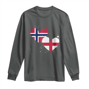 Distressed Norway and England Crossed Flags Dual Heart Graphic Long Sleeve Shirt Love Half Norwegian Half English Pride TS02 Dark Heather Print Your Wear