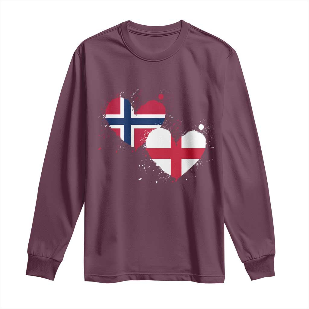 Distressed Norway and England Crossed Flags Dual Heart Graphic Long Sleeve Shirt Love Half Norwegian Half English Pride TS02 Maroon Print Your Wear