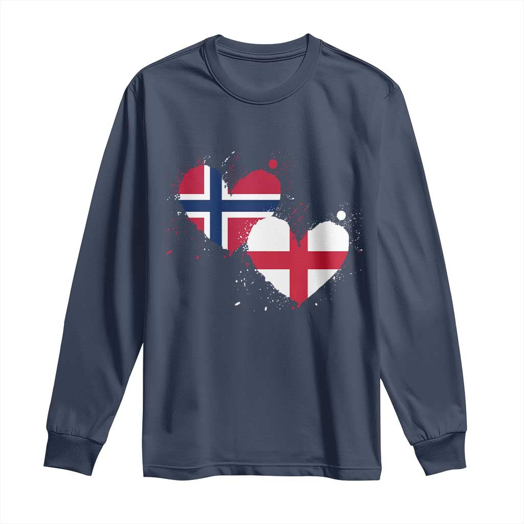 Distressed Norway and England Crossed Flags Dual Heart Graphic Long Sleeve Shirt Love Half Norwegian Half English Pride TS02 Navy Print Your Wear