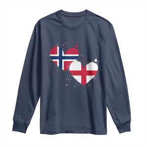 Distressed Norway and England Crossed Flags Dual Heart Graphic Long Sleeve Shirt Love Half Norwegian Half English Pride TS02 Navy Print Your Wear