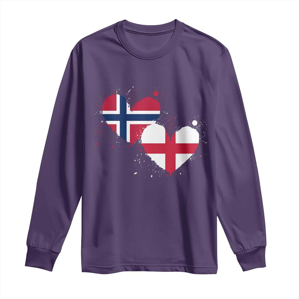 Distressed Norway and England Crossed Flags Dual Heart Graphic Long Sleeve Shirt Love Half Norwegian Half English Pride TS02 Purple Print Your Wear