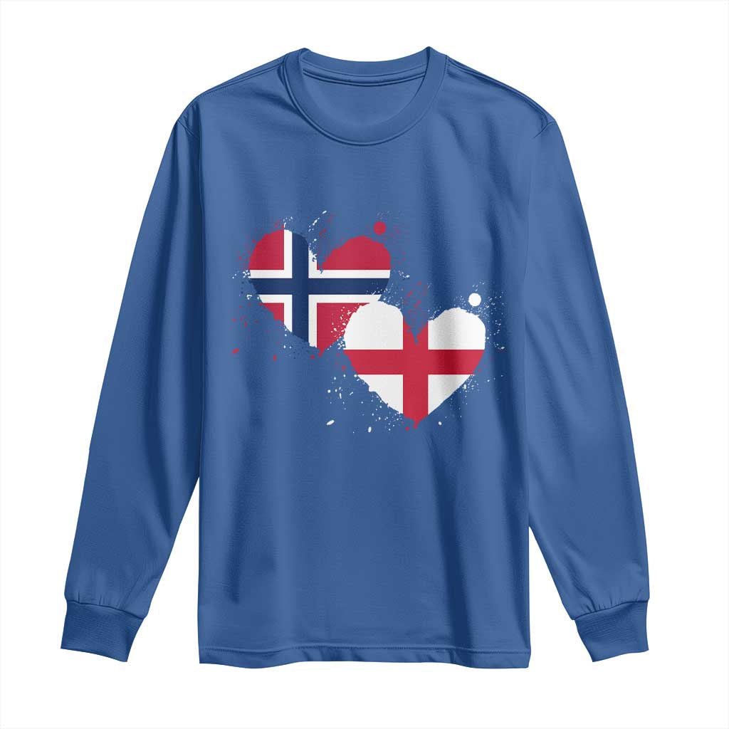 Distressed Norway and England Crossed Flags Dual Heart Graphic Long Sleeve Shirt Love Half Norwegian Half English Pride TS02 Royal Blue Print Your Wear