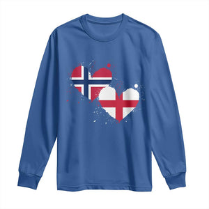 Distressed Norway and England Crossed Flags Dual Heart Graphic Long Sleeve Shirt Love Half Norwegian Half English Pride TS02 Royal Blue Print Your Wear
