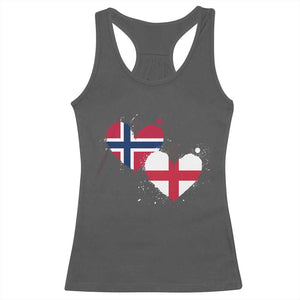 Distressed Norway and England Crossed Flags Dual Heart Graphic Racerback Tank Top Love Half Norwegian Half English Pride TS02 Dark Heather Print Your Wear