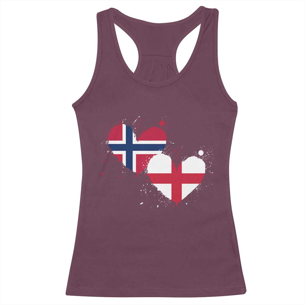 Distressed Norway and England Crossed Flags Dual Heart Graphic Racerback Tank Top Love Half Norwegian Half English Pride TS02 Maroon Print Your Wear