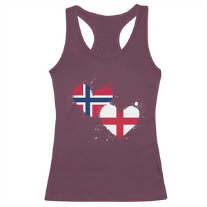 Distressed Norway and England Crossed Flags Dual Heart Graphic Racerback Tank Top Love Half Norwegian Half English Pride TS02 Maroon Print Your Wear
