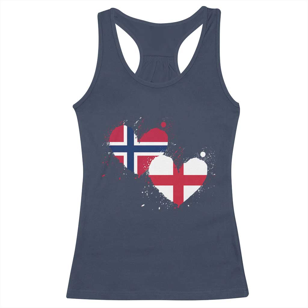 Distressed Norway and England Crossed Flags Dual Heart Graphic Racerback Tank Top Love Half Norwegian Half English Pride TS02 Navy Print Your Wear