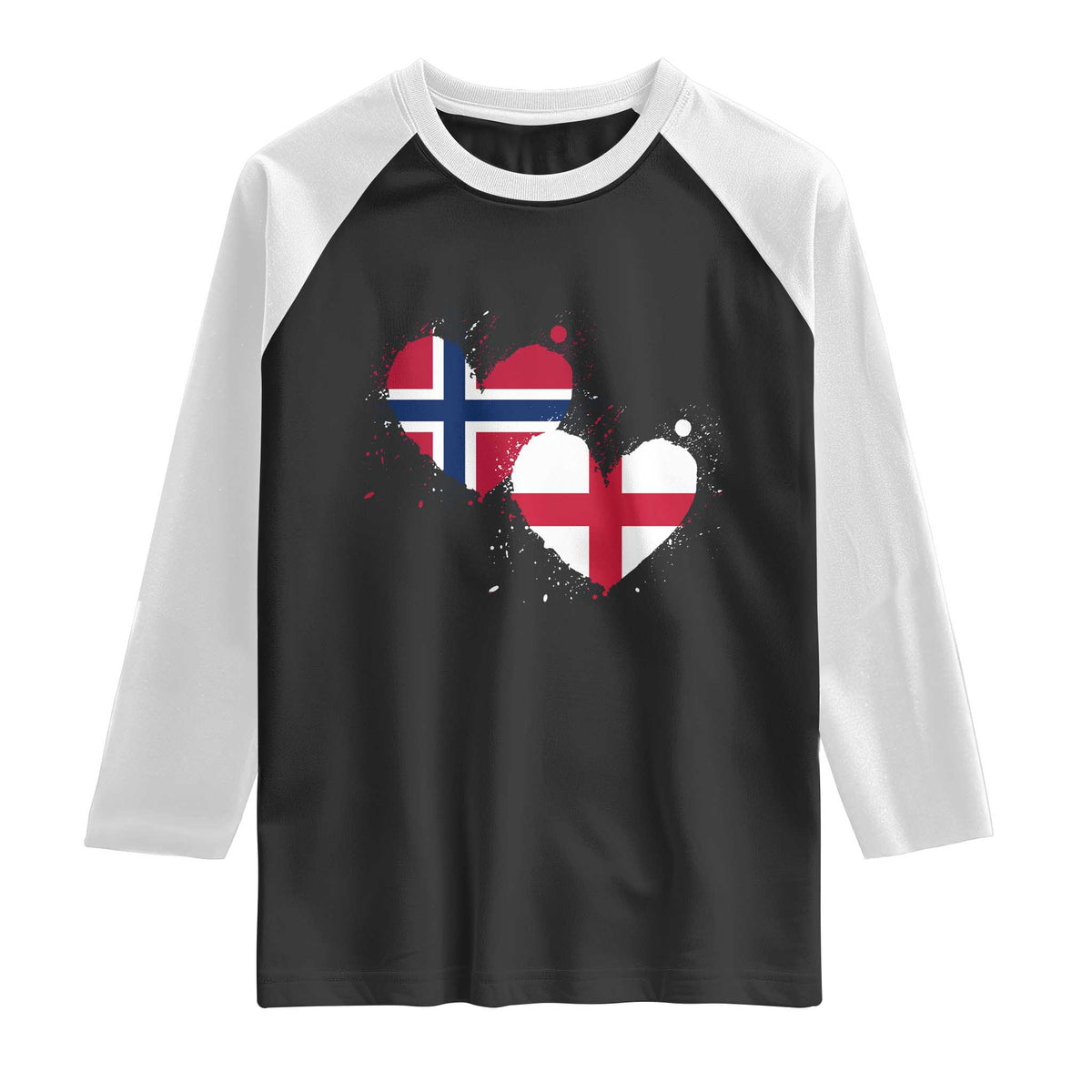 Distressed Norway and England Crossed Flags Dual Heart Graphic Raglan Shirt Love Half Norwegian Half English Pride TS02 Black White Print Your Wear
