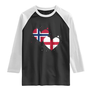 Distressed Norway and England Crossed Flags Dual Heart Graphic Raglan Shirt Love Half Norwegian Half English Pride TS02 Black White Print Your Wear