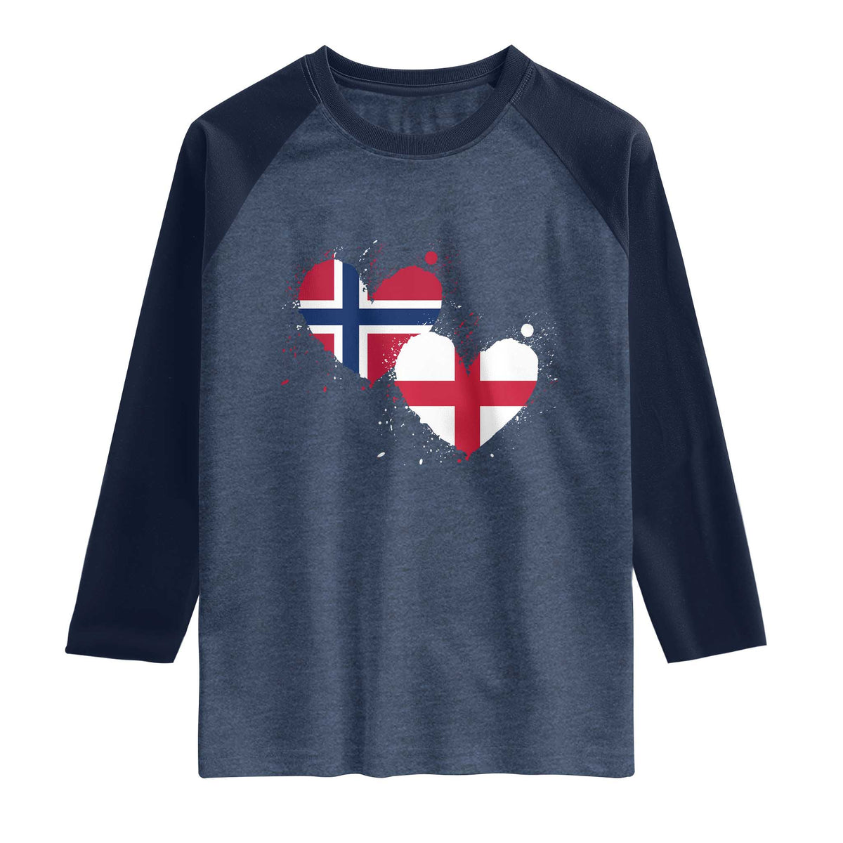 Distressed Norway and England Crossed Flags Dual Heart Graphic Raglan Shirt Love Half Norwegian Half English Pride TS02 Heather Denim Navy Print Your Wear