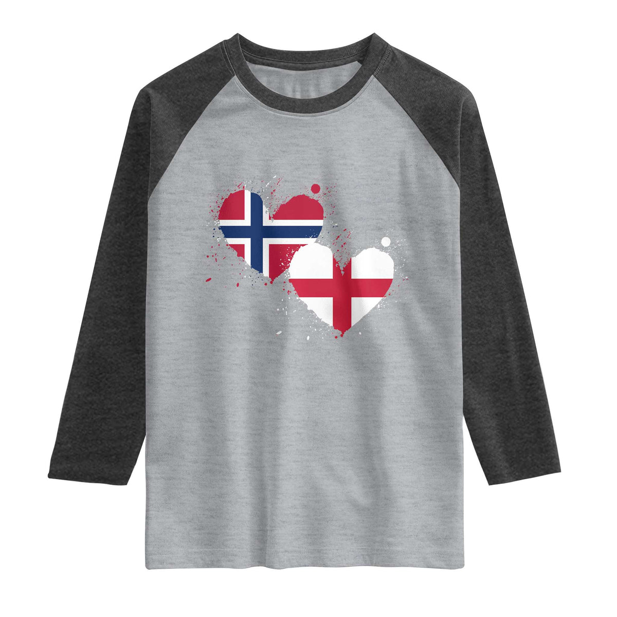 Distressed Norway and England Crossed Flags Dual Heart Graphic Raglan Shirt Love Half Norwegian Half English Pride TS02 Heather Gray Heather Charcoal Print Your Wear