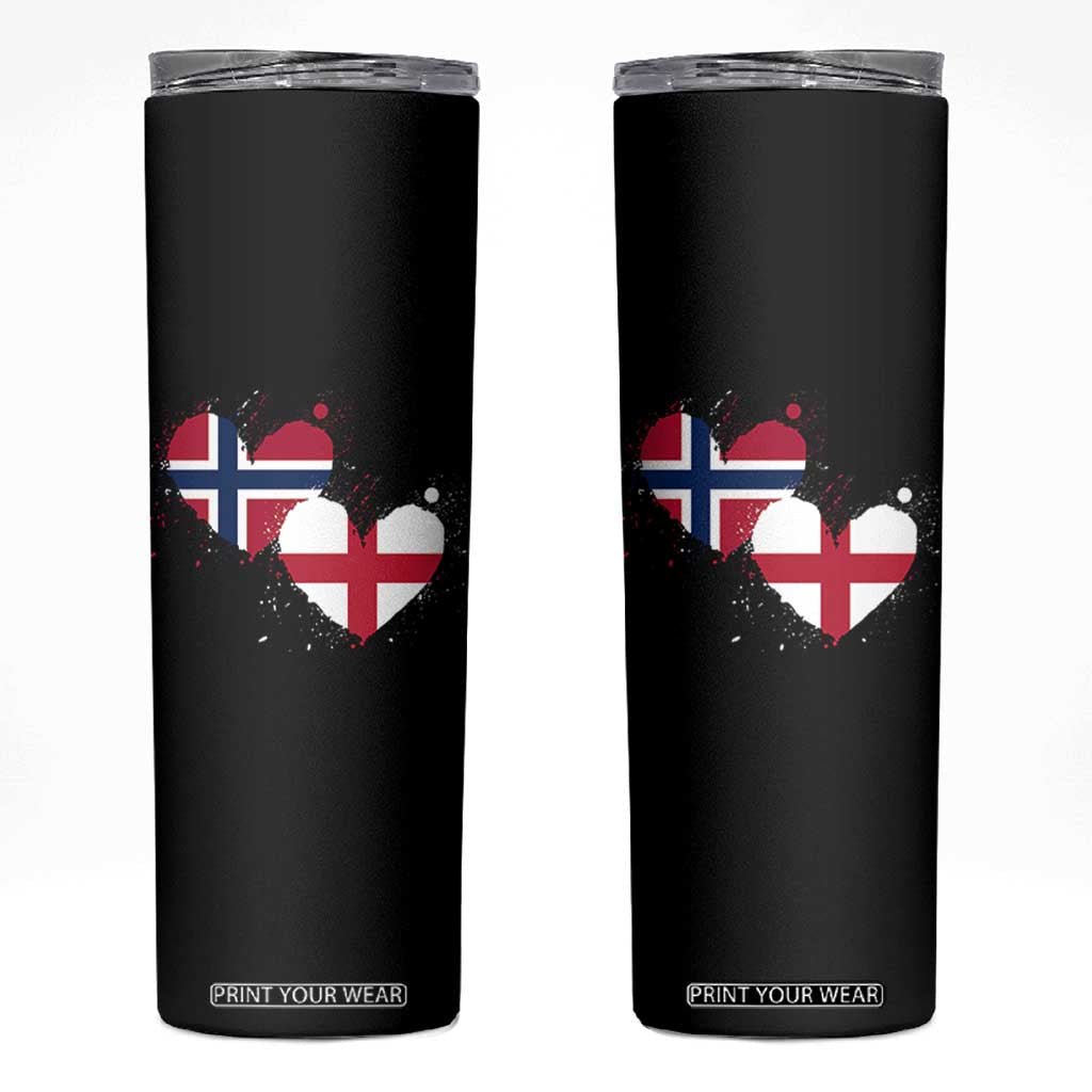 Distressed Norway and England Crossed Flags Dual Heart Graphic Skinny Tumbler Love Half Norwegian Half English Pride TS02 Black Print Your Wear