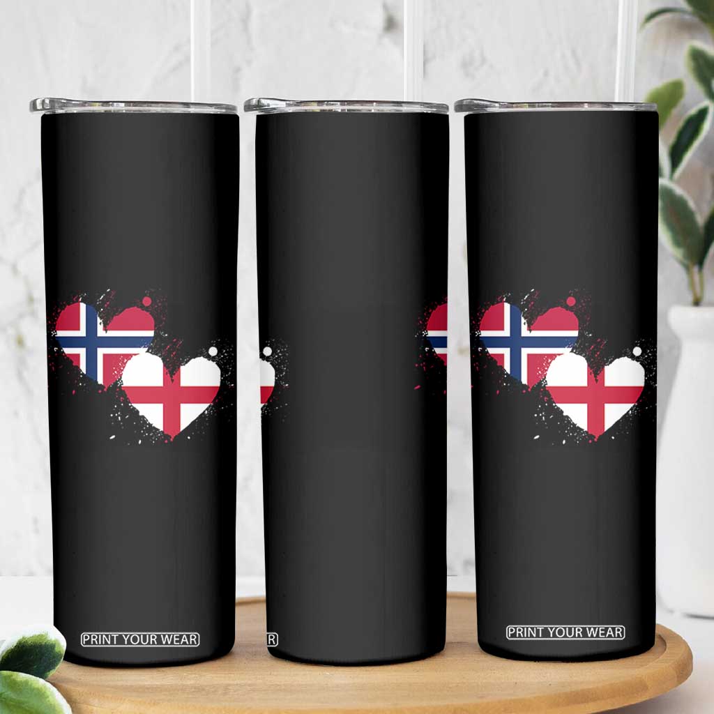 Distressed Norway and England Crossed Flags Dual Heart Graphic Skinny Tumbler Love Half Norwegian Half English Pride TS02 Print Your Wear