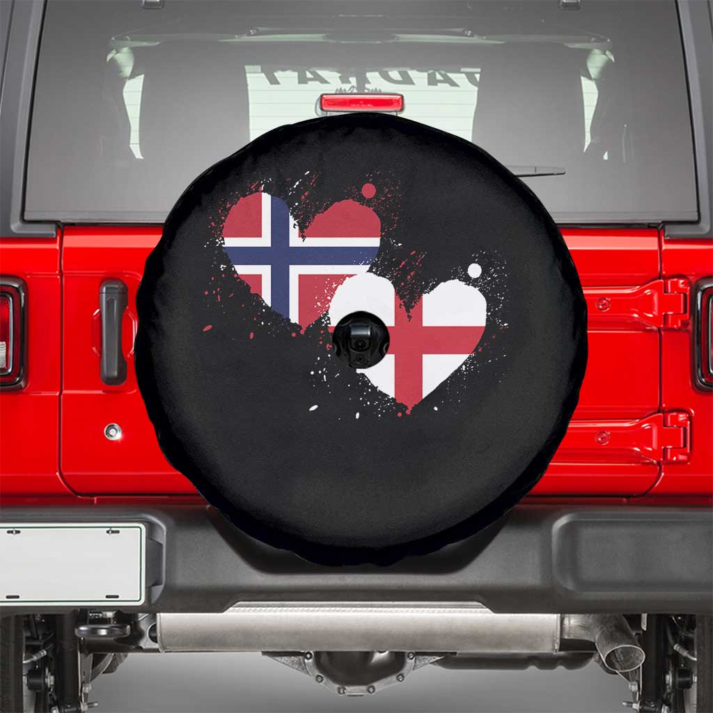Distressed Norway and England Crossed Flags Dual Heart Graphic Spare Tire Cover Love Half Norwegian Half English Pride TS02 Black Print Your Wear