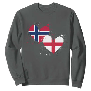 Distressed Norway and England Crossed Flags Dual Heart Graphic Sweatshirt Love Half Norwegian Half English Pride TS02 Dark Heather Print Your Wear
