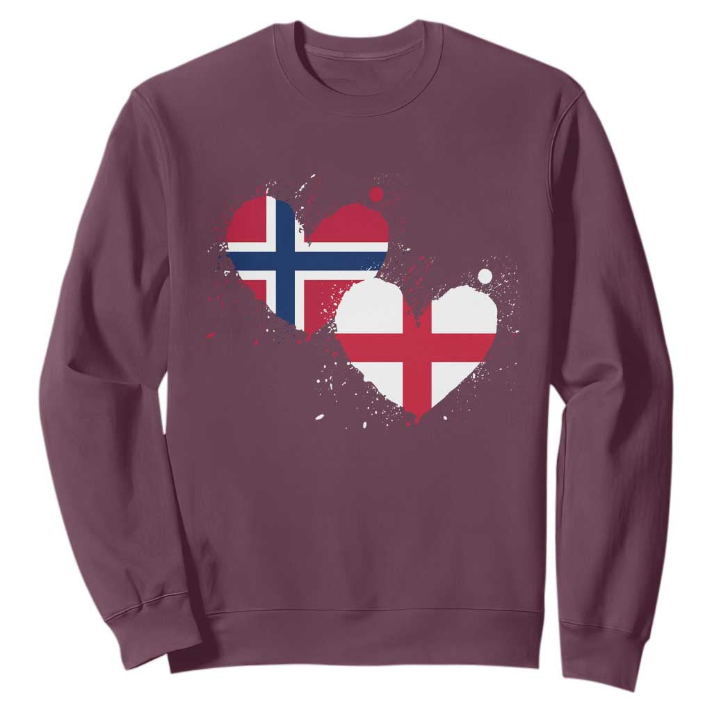 Distressed Norway and England Crossed Flags Dual Heart Graphic Sweatshirt Love Half Norwegian Half English Pride TS02 Maroon Print Your Wear