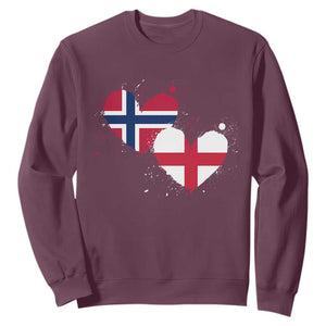 Distressed Norway and England Crossed Flags Dual Heart Graphic Sweatshirt Love Half Norwegian Half English Pride TS02 Maroon Print Your Wear