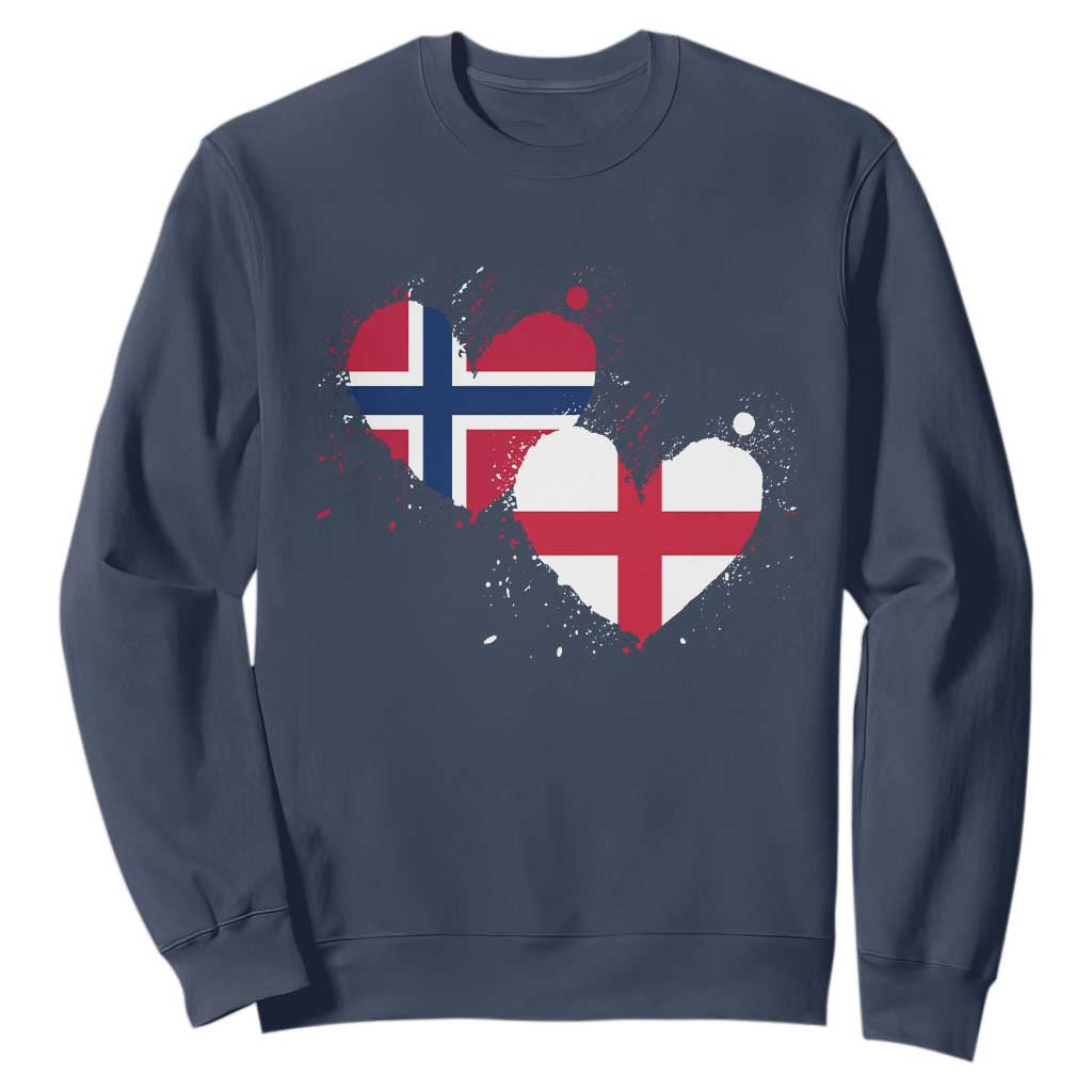 Distressed Norway and England Crossed Flags Dual Heart Graphic Sweatshirt Love Half Norwegian Half English Pride TS02 Navy Print Your Wear