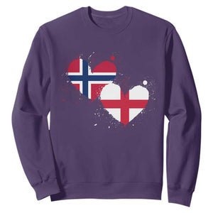 Distressed Norway and England Crossed Flags Dual Heart Graphic Sweatshirt Love Half Norwegian Half English Pride TS02 Purple Print Your Wear