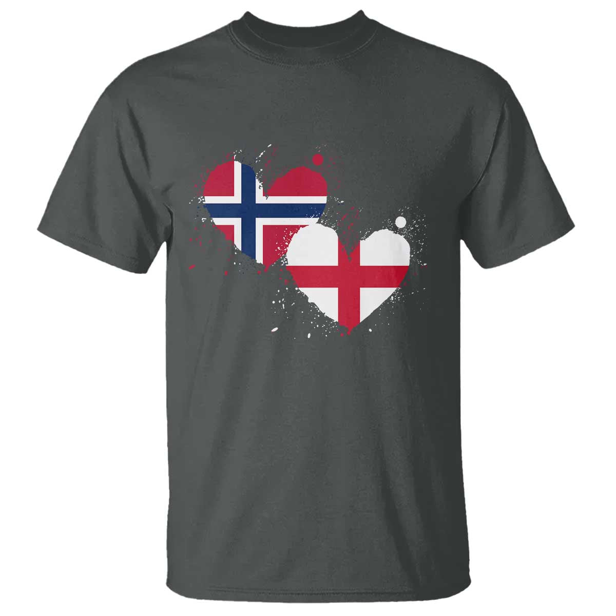Distressed Norway and England Crossed Flags Dual Heart Graphic T Shirt Love Half Norwegian Half English Pride TS02 Dark Heather Print Your Wear