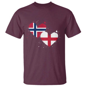 Distressed Norway and England Crossed Flags Dual Heart Graphic T Shirt Love Half Norwegian Half English Pride TS02 Maroon Print Your Wear