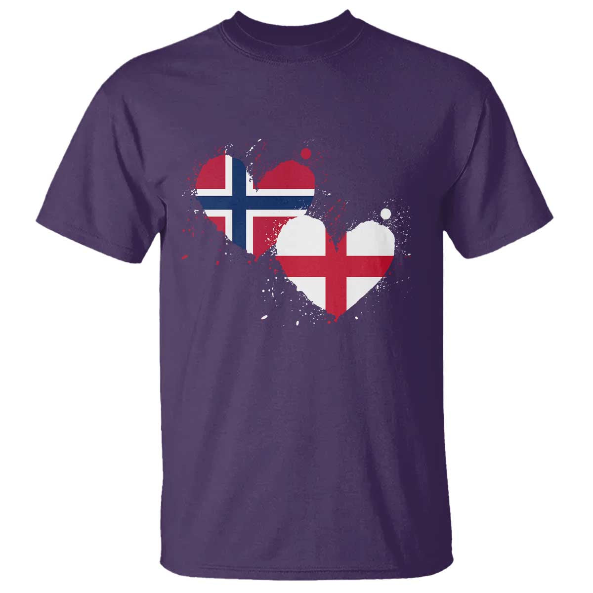 Distressed Norway and England Crossed Flags Dual Heart Graphic T Shirt Love Half Norwegian Half English Pride TS02 Purple Print Your Wear