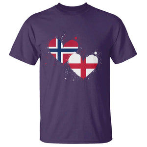 Distressed Norway and England Crossed Flags Dual Heart Graphic T Shirt Love Half Norwegian Half English Pride TS02 Purple Print Your Wear