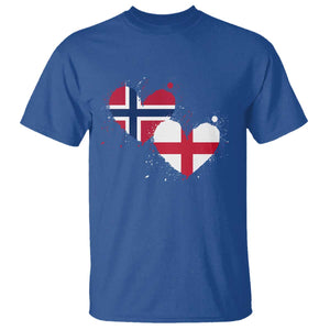 Distressed Norway and England Crossed Flags Dual Heart Graphic T Shirt Love Half Norwegian Half English Pride TS02 Royal Blue Print Your Wear