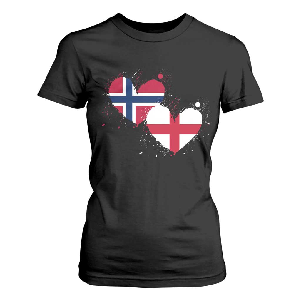 Distressed Norway and England Crossed Flags Dual Heart Graphic T Shirt For Women Love Half Norwegian Half English Pride TS02 Black Print Your Wear