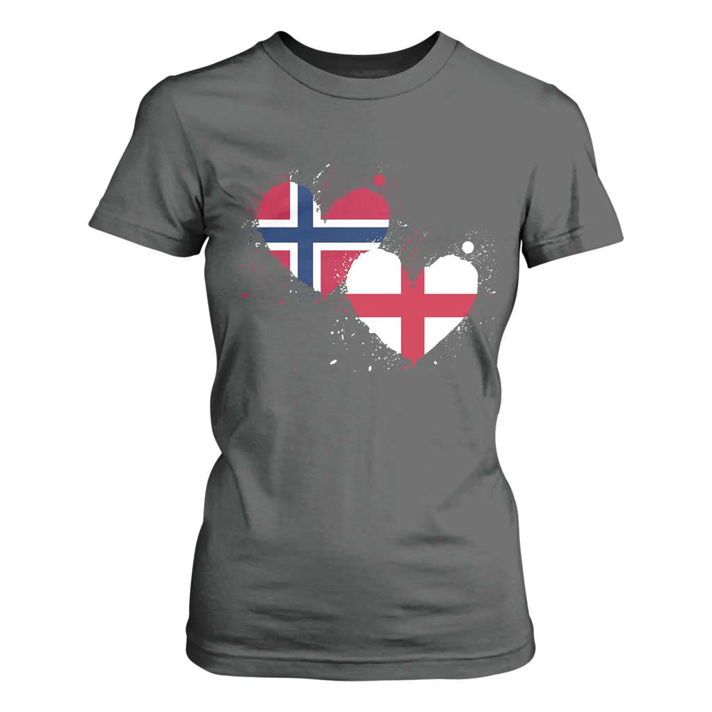 Distressed Norway and England Crossed Flags Dual Heart Graphic T Shirt For Women Love Half Norwegian Half English Pride TS02 Dark Heather Print Your Wear