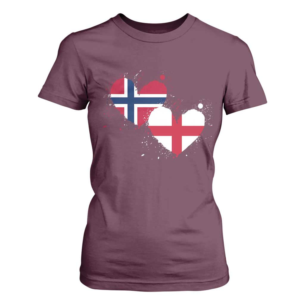 Distressed Norway and England Crossed Flags Dual Heart Graphic T Shirt For Women Love Half Norwegian Half English Pride TS02 Maroon Print Your Wear
