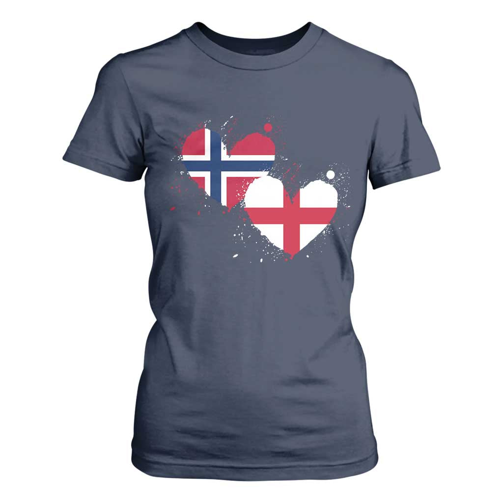 Distressed Norway and England Crossed Flags Dual Heart Graphic T Shirt For Women Love Half Norwegian Half English Pride TS02 Navy Print Your Wear