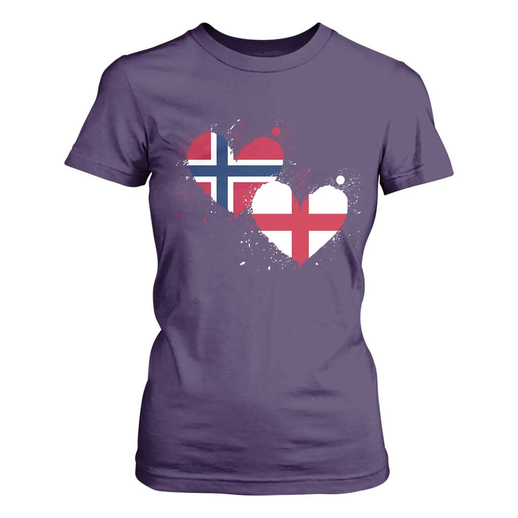 Distressed Norway and England Crossed Flags Dual Heart Graphic T Shirt For Women Love Half Norwegian Half English Pride TS02 Purple Print Your Wear