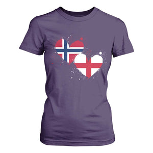Distressed Norway and England Crossed Flags Dual Heart Graphic T Shirt For Women Love Half Norwegian Half English Pride TS02 Purple Print Your Wear