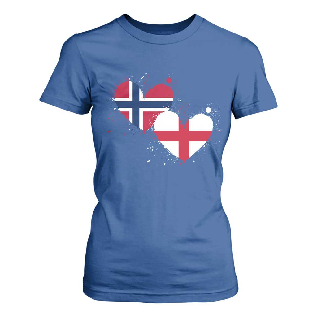 Distressed Norway and England Crossed Flags Dual Heart Graphic T Shirt For Women Love Half Norwegian Half English Pride TS02 Royal Blue Print Your Wear