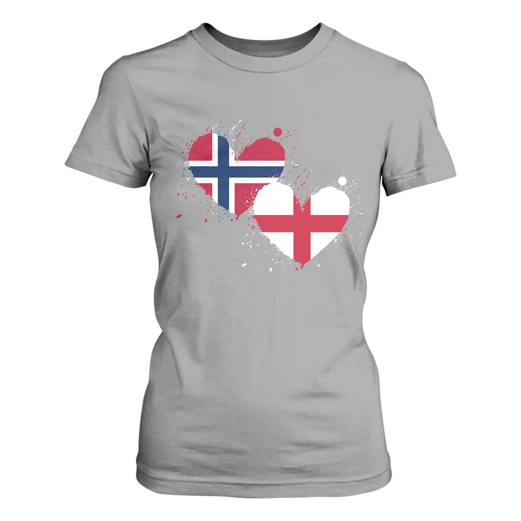 Distressed Norway and England Crossed Flags Dual Heart Graphic T Shirt For Women Love Half Norwegian Half English Pride TS02 Sport Gray Print Your Wear
