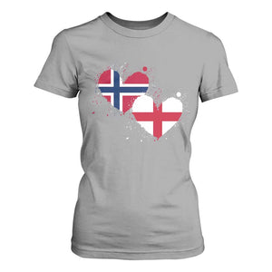 Distressed Norway and England Crossed Flags Dual Heart Graphic T Shirt For Women Love Half Norwegian Half English Pride TS02 Sport Gray Print Your Wear