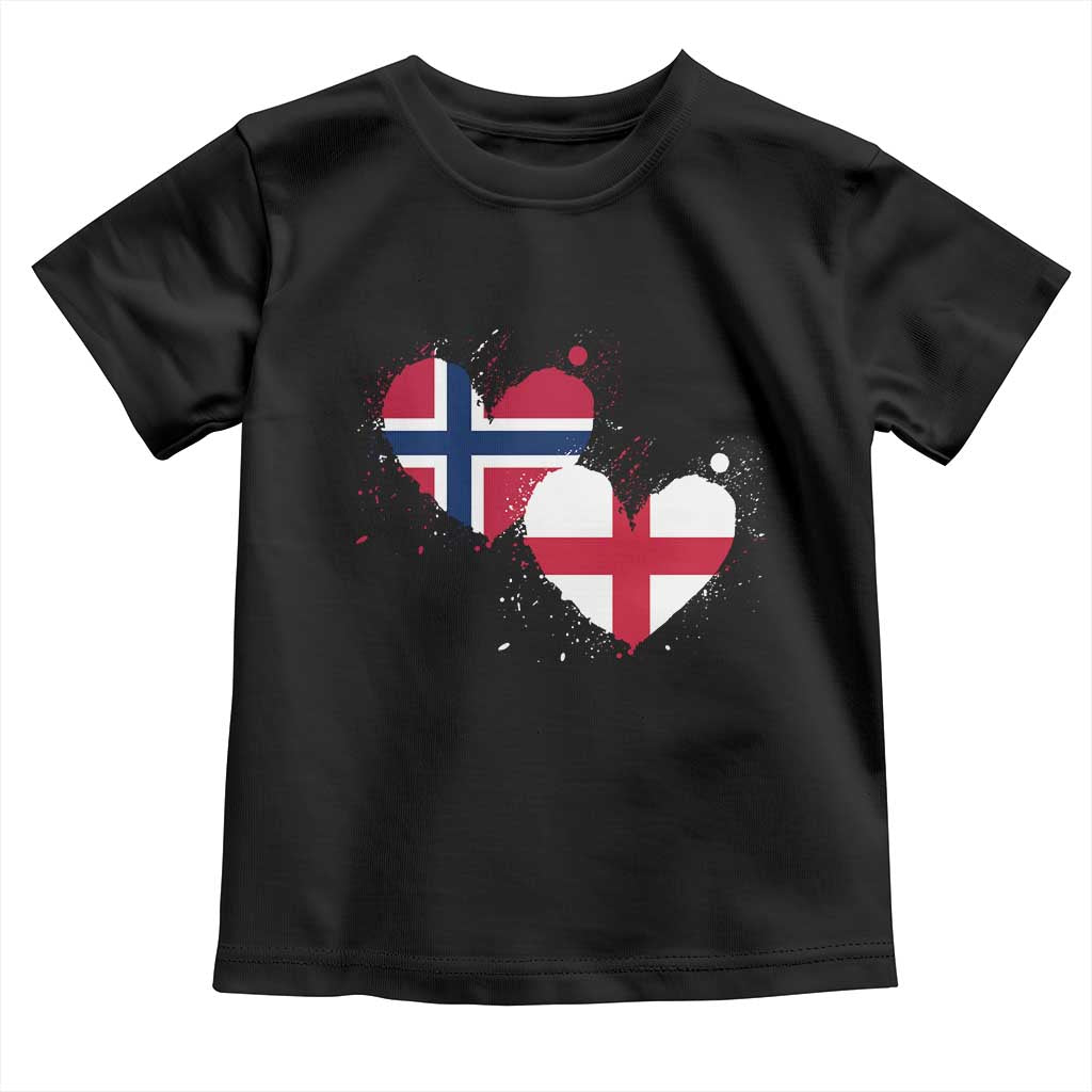 Distressed Norway and England Crossed Flags Dual Heart Graphic Toddler T Shirt Love Half Norwegian Half English Pride TS02 Black Print Your Wear