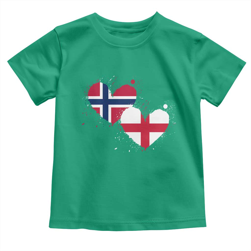 Distressed Norway and England Crossed Flags Dual Heart Graphic Toddler T Shirt Love Half Norwegian Half English Pride TS02 Irish Green Print Your Wear