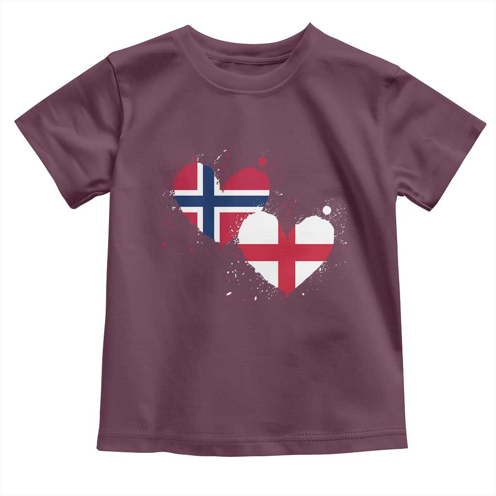 Distressed Norway and England Crossed Flags Dual Heart Graphic Toddler T Shirt Love Half Norwegian Half English Pride TS02 Maroon Print Your Wear