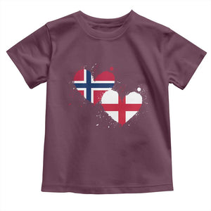 Distressed Norway and England Crossed Flags Dual Heart Graphic Toddler T Shirt Love Half Norwegian Half English Pride TS02 Maroon Print Your Wear