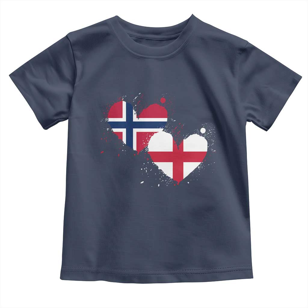 Distressed Norway and England Crossed Flags Dual Heart Graphic Toddler T Shirt Love Half Norwegian Half English Pride TS02 Navy Print Your Wear