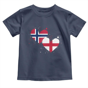 Distressed Norway and England Crossed Flags Dual Heart Graphic Toddler T Shirt Love Half Norwegian Half English Pride TS02 Navy Print Your Wear