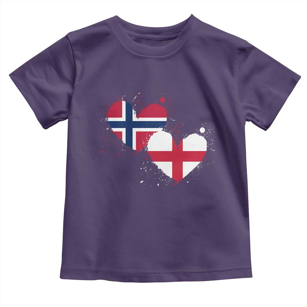 Distressed Norway and England Crossed Flags Dual Heart Graphic Toddler T Shirt Love Half Norwegian Half English Pride TS02 Purple Print Your Wear