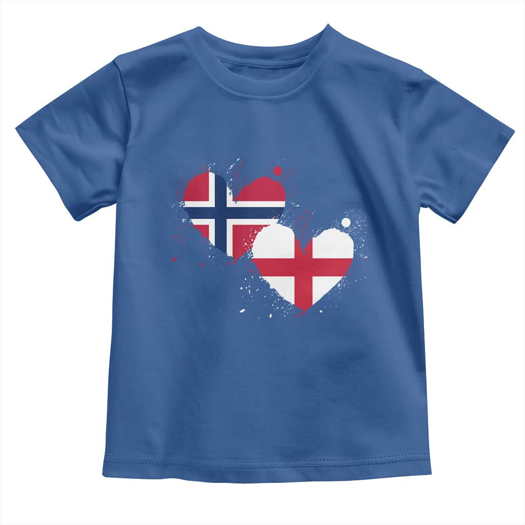 Distressed Norway and England Crossed Flags Dual Heart Graphic Toddler T Shirt Love Half Norwegian Half English Pride TS02 Royal Blue Print Your Wear